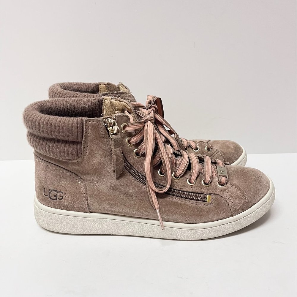 UGG Olive High Top Trainers Leather Sneakers Size 7.5 Women's Brown Tan Lace Up